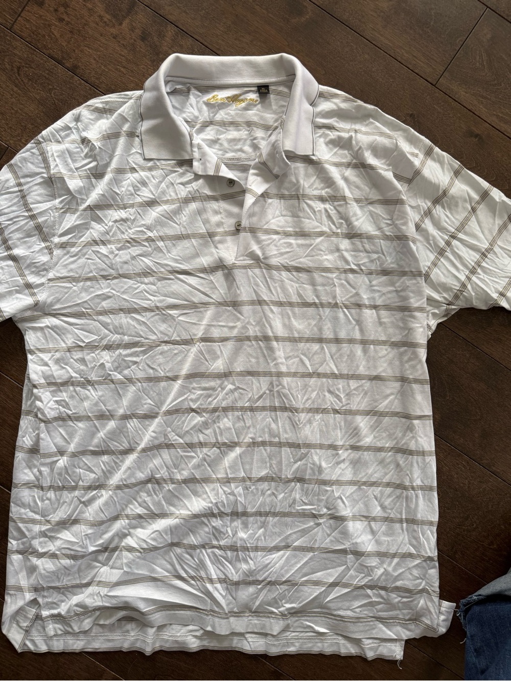 Ben Hogan Men's White Polo Shirt with Thin Tan Stripes